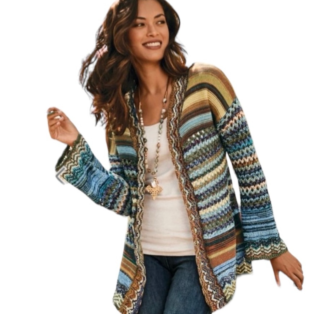 Soft Surroundings Multicolor Striped Knit Cardigan - Blue, Brown, Green